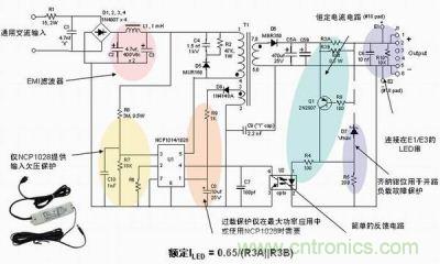 安森美半導體離線(xiàn)式第二代LED驅動(dòng)器NCP1014/1028的應用示意圖。