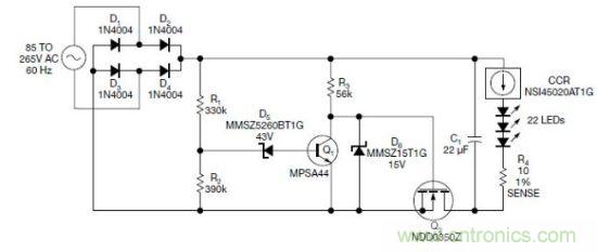圖1：電路以恒流驅動(dòng)一串LED，可用于全世界的各種交流電壓