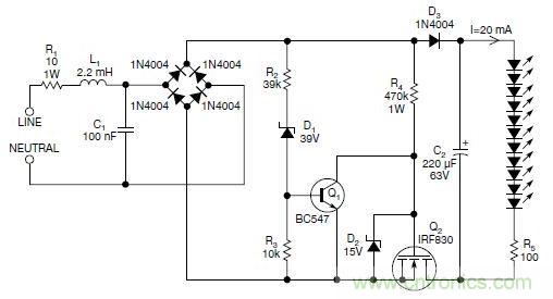 圖2：斬波工作類(lèi)似圖1中的電路，但以較大的LED串聯(lián)電阻代替了恒流源，提供限流功能