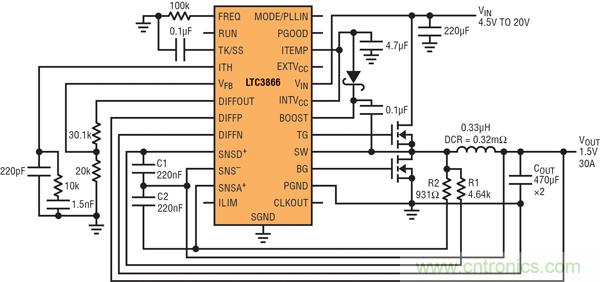 圖2：以非常低的DCR完成采樣的高效率、1.5V/30A降壓型轉換器