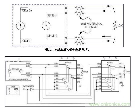 . 使用MAX4555將4線(xiàn)加載-感應電路從一個(gè)源切換至兩個(gè)負載