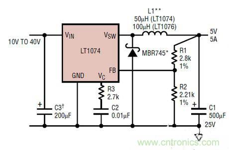 一款降壓開(kāi)關(guān)降壓穩壓器LT1074的電路圖