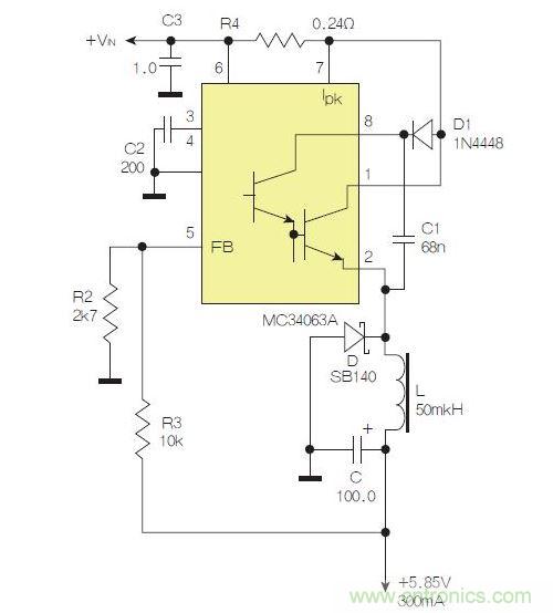 采用降壓配置中廣為使用的MC33063/MC34063的一個(gè)示例。