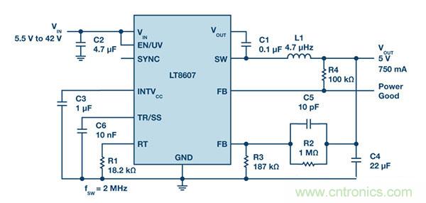 具2.5 μA靜態(tài)電流和超低EMI的42 V單片式同步降壓型穩壓器