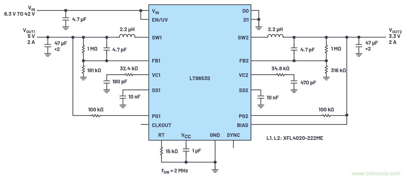 具有6.2 µA靜態(tài)電流的雙通道、42 V、2 A、單片、同步降壓型Silent Switcher 2穩壓器